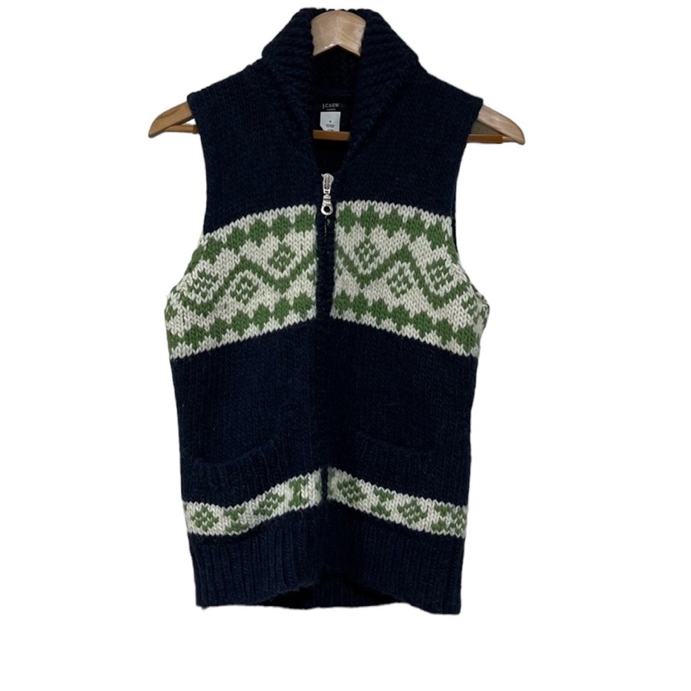 Vintage J Crew Wool Alpaca Handknit Blue Green Sweater Vest Zip Size M